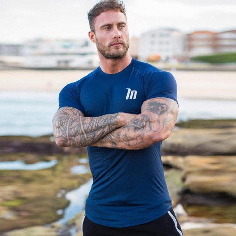 Compression Superelastic Skinny T-shirt Men Gym Fitness Quick Dry Shirt Male Summer Tee Tops Running Sports Training Clothing