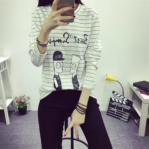 Load image into Gallery viewer, Autumn Spring Creative Lovely Cartoon Printed T-shirts for Women Full Sleeve Simple Loose Top Stripe White T-shirt Female XL-XXL
