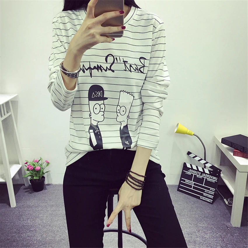 Autumn Spring Creative Lovely Cartoon Printed T-shirts for Women Full Sleeve Simple Loose Top Stripe White T-shirt Female XL-XXL