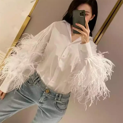 Load image into Gallery viewer, Casual Patchwork Feather Blouse For Women Lapel Lantern Sleeve White Solid Shirt Female Fashion Clothing
