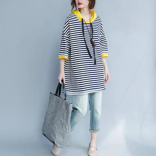 Load image into Gallery viewer, T-shirt Women's Hooded T-shirt Stripe Loose Top  Korean Casual Short Sleeve Tops Women's T-shirts With Short Sleeve Hoodie

