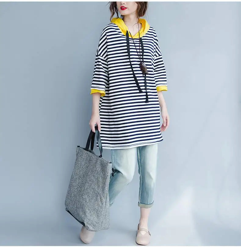 T-shirt Women's Hooded T-shirt Stripe Loose Top  Korean Casual Short Sleeve Tops Women's T-shirts With Short Sleeve Hoodie