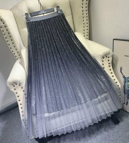 Long Tulle Skirts Womens Gradient Shine Fall Winter Mujer Faldas Elegant Fashion Ladies High Waist Vintage Midi Skirt Female