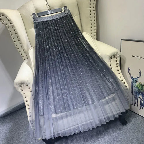 Load image into Gallery viewer, Long Tulle Skirts Womens Gradient Shine Fall Winter Mujer Faldas Elegant Fashion Ladies High Waist Vintage Midi Skirt Female
