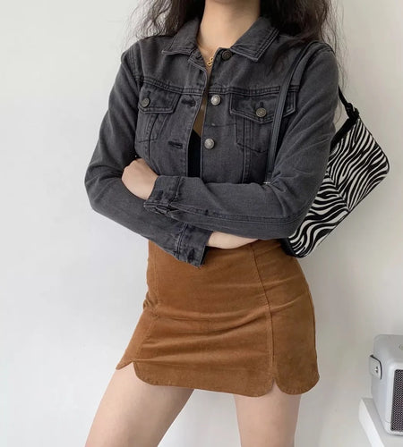Vintage Black Denim Cropped Jacket Women Dark Gray Long Sleeve Short Jeans Jackets Ladies Fashion Distressed Coats Solid