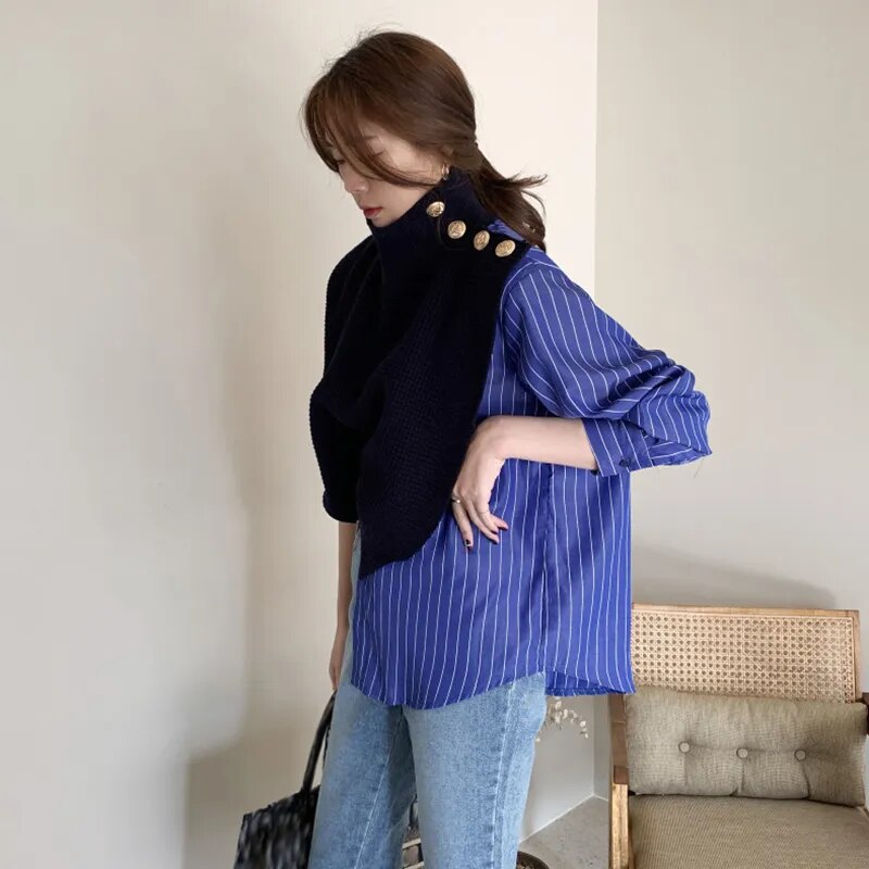 Korean Patchwork Print Striped Sweater For Women Turtleneck Long Sleeve Casual Sweaters Female Fashion Clothes