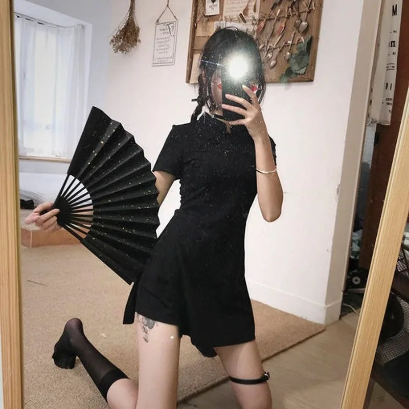 Chinese Style Black Cheongsam Dress Women Summer 2021 Qipao Vintage Sexy Bodycon Short Sleeve Mini Dresses Women