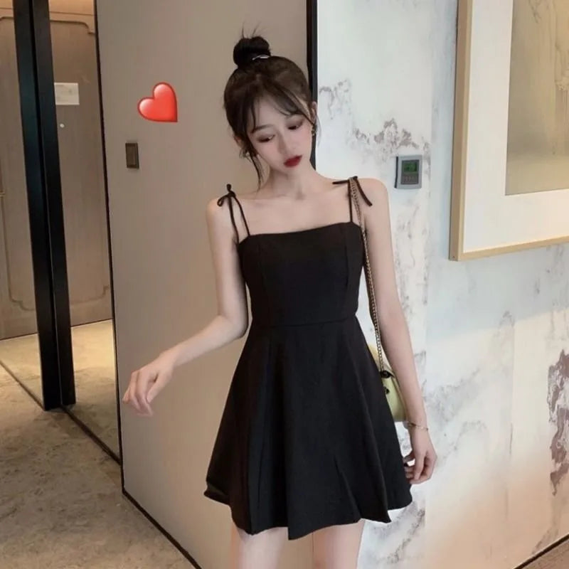 Black Spaghetti Strap Slip Dress Summer Sundresses Korean Fashion Style Off Shoulder Dress Backless Mini Party Dress