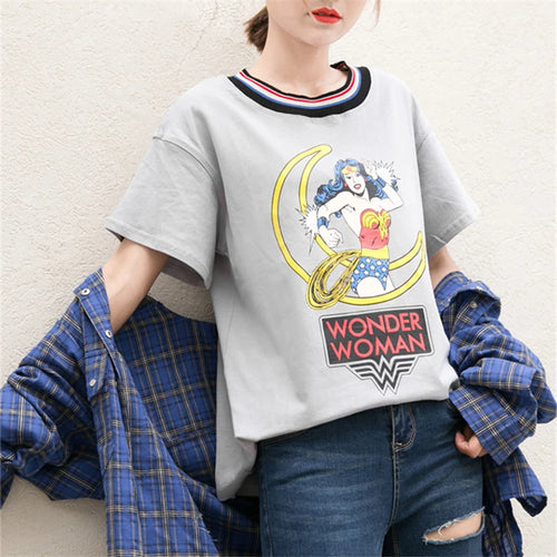 Load image into Gallery viewer, Summer Fashion Harajuku White T shirt Female Loose Rainbow Stripe Collar Cartoon Printed Tops Short Sleeve Casual T-shirts Women
