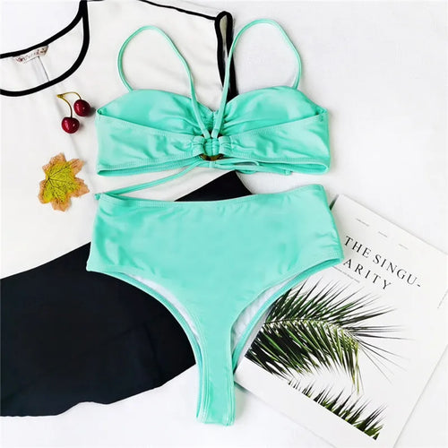 Load image into Gallery viewer, Sexy Drawstring Bandeau Bikini Set Solid Bandage Bathing Suit Women Push Up Swimsuit High Waist Swimwear
