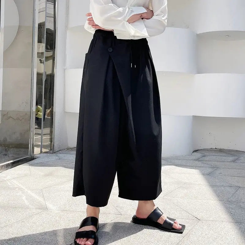 Summer Loose Wide Leg Pants For Men Japan Korean Trend Temperament Fashionable Black Ankle Length Pants 9Y6986