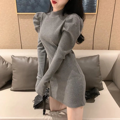 Load image into Gallery viewer, Autumn Knitted One-piece Dress Korean Women Winter Warm Puff Long Sleeve Sexy Mini Dress Bodycon Black Dresses Kpop
