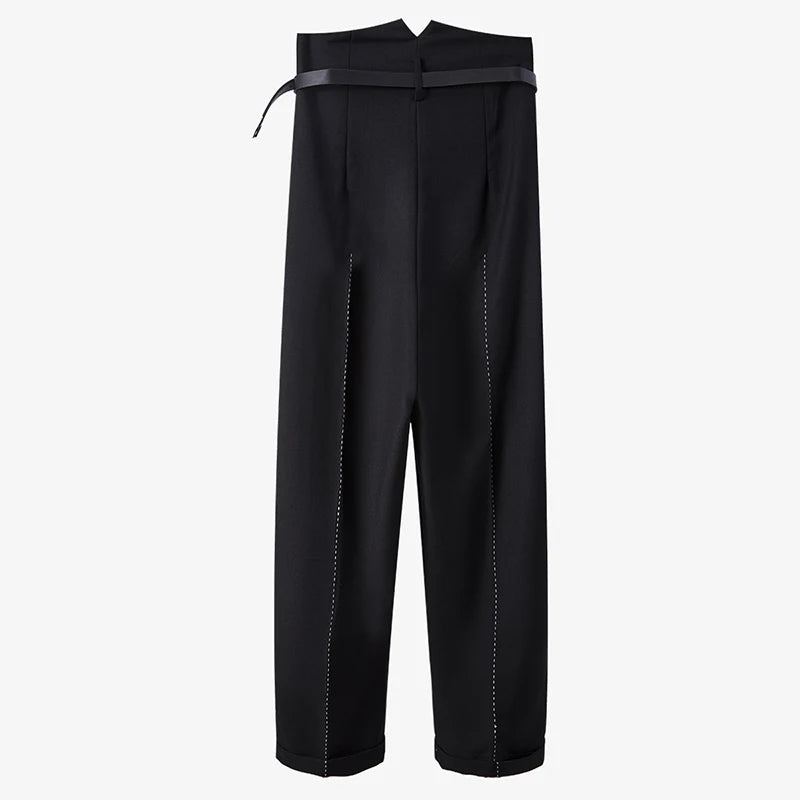 Black Pleated Pants For Women High Waist Sashes Straight Wide Leg Trousers Female Fashion Clothing