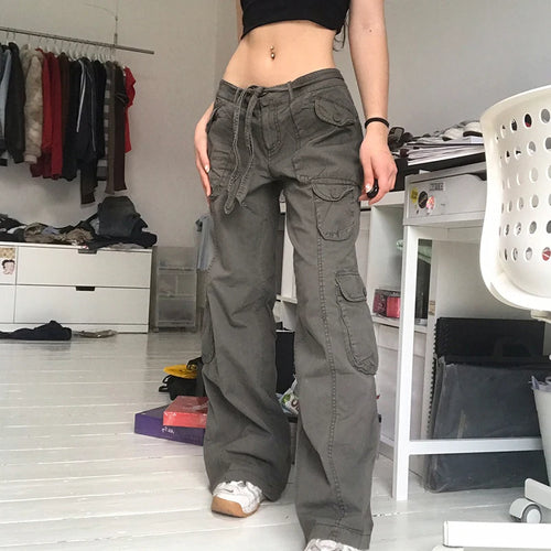 Load image into Gallery viewer, Retro Fashion Y2K Straight Cargo Pants Low Rise Jeans Streetwear Belt Pockets Denim Trousers Fairycore Female Jeans
