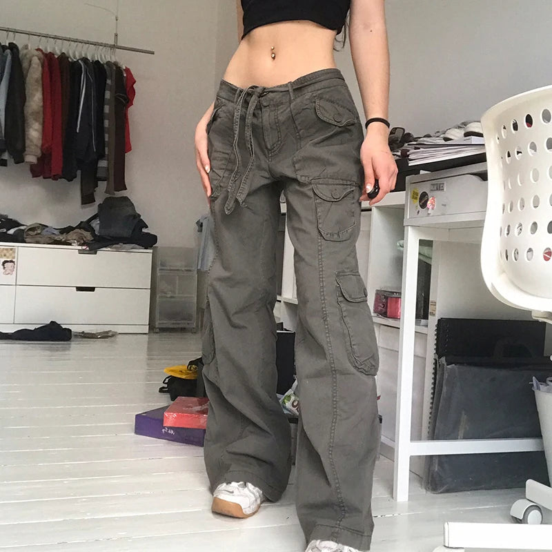 Retro Fashion Y2K Straight Cargo Pants Low Rise Jeans Streetwear Belt Pockets Denim Trousers Fairycore Female Jeans