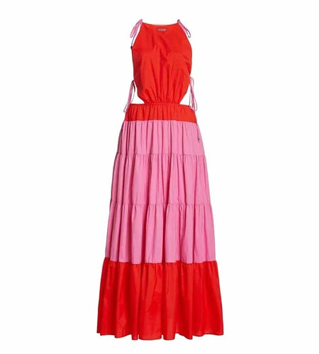 Hollow Out Hit Color Dress For Women O Neck Sleeve High Waist Lace Up Bowknot Maxi Dresses Female New Summer Fashion Clothes