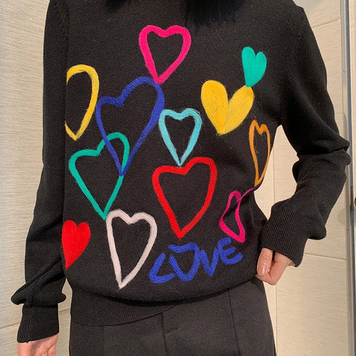 Load image into Gallery viewer, Spring Women Lovely Sweater O-Neck Colorful Candy Color Heart Embroidery Knitwear Slim All-Match Pullover Femme C-066
