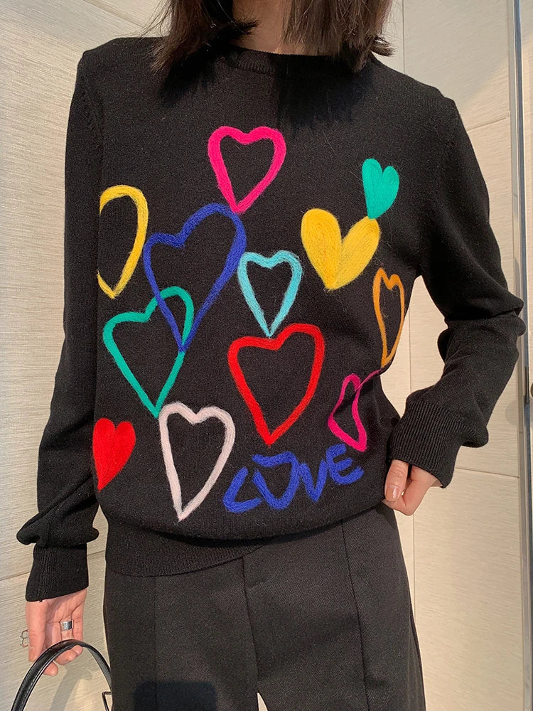 Spring Women Lovely Sweater O-Neck Colorful Candy Color Heart Embroidery Knitwear Slim All-Match Pullover Femme C-066