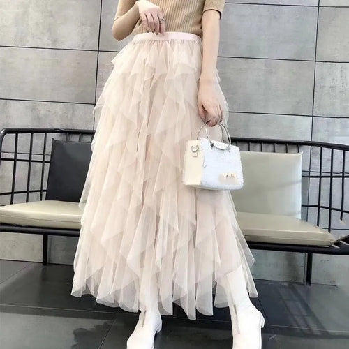Load image into Gallery viewer, Asymmetrical Mesh Skirts For Women High Waist Ankle Length Skirts Female Elegant Korean Fashion Clothing
