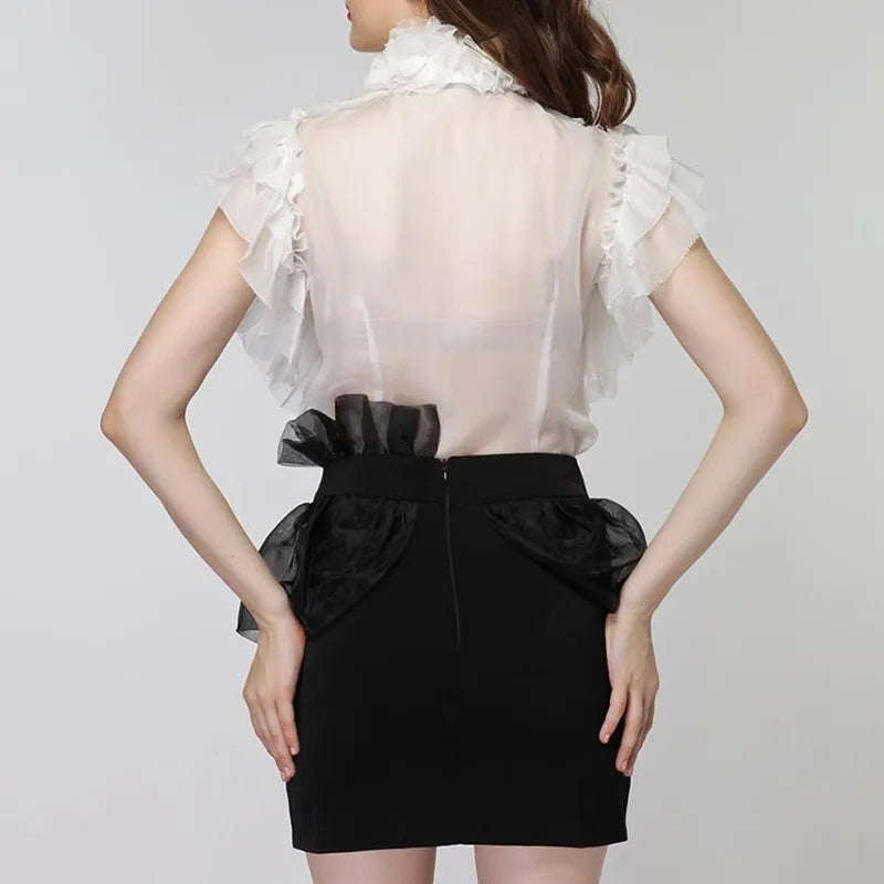 Chiffon Blouse Tops Female Sleeveless Perspective Bowknot Ruffles Shirts For Women Summer Sexy  Fashion
