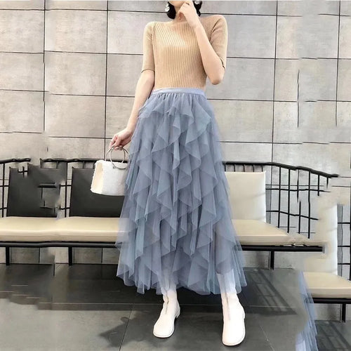 Load image into Gallery viewer, Asymmetrical Mesh Skirts For Women High Waist Ankle Length Skirts Female Elegant Korean Fashion Clothing
