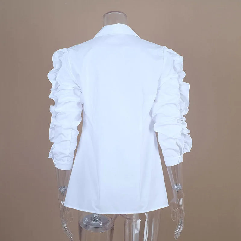 Ruffles Blouse Female Lapel Collar Patchwork Long Sleeve White Shirt Tops For Ladies Spring OL Vintage Clothes