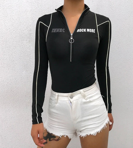 Autumn Fitness Long Sleeve Bodysuit Women Turtleneck Body Reflective Stripe Bodycon Jumpsuit Zipper Workout Bodysuits