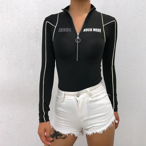 Load image into Gallery viewer, Autumn Fitness Long Sleeve Bodysuit Women Turtleneck Body Reflective Stripe Bodycon Jumpsuit Zipper Workout Bodysuits
