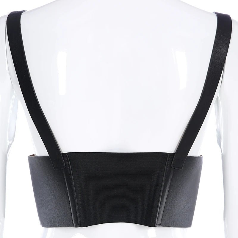 Streetwear Black PU Leather Crop Top Women Festival Cami Buckle Vest Cummerbunds Adjustable Summer Top Cropped Tanks