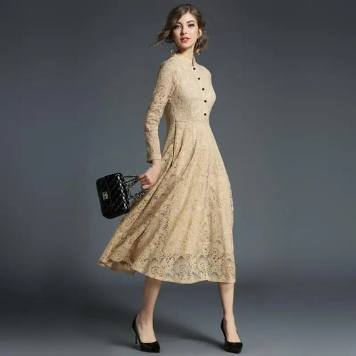 Load image into Gallery viewer, Spring Autumn Lace Long Dress Women Stand Neck Long Sleeve Slim Office Work Dress Female Elegant Party Dresses
