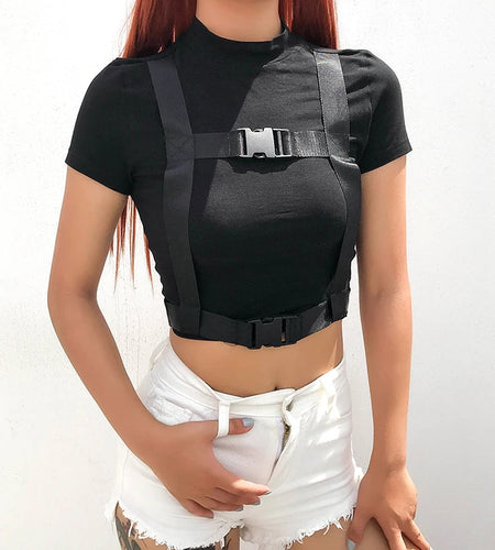 Streetwear Bodycon Cropped T Shirt Women Short Sleeve Buckle Patchwork Crop Top Fashion Summer Tshirt Slim Tee Shirts