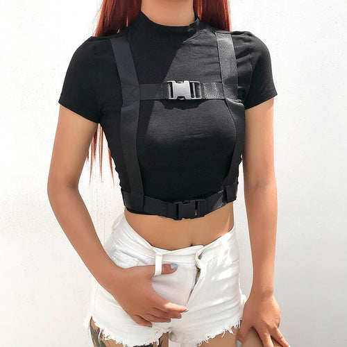 Load image into Gallery viewer, Streetwear Bodycon Cropped T Shirt Women Short Sleeve Buckle Patchwork Crop Top Fashion Summer Tshirt Slim Tee Shirts
