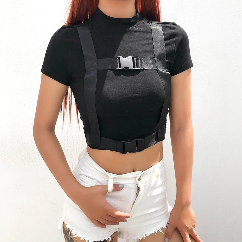 Streetwear Bodycon Cropped T Shirt Women Short Sleeve Buckle Patchwork Crop Top Fashion Summer Tshirt Slim Tee Shirts