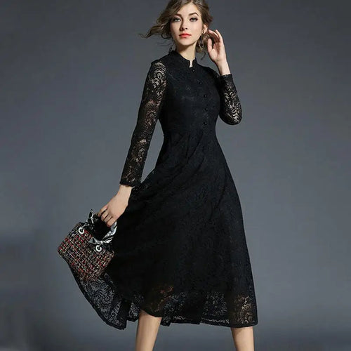 Load image into Gallery viewer, Spring Autumn Lace Long Dress Women Stand Neck Long Sleeve Slim Office Work Dress Female Elegant Party Dresses

