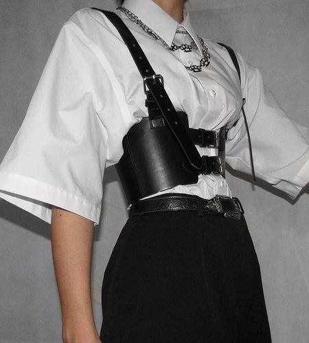 Streetwear Black PU Leather Crop Top Women Festival Cami Buckle Vest Cummerbunds Adjustable Summer Top Cropped Tanks