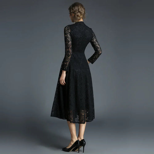 Load image into Gallery viewer, Spring Autumn Lace Long Dress Women Stand Neck Long Sleeve Slim Office Work Dress Female Elegant Party Dresses
