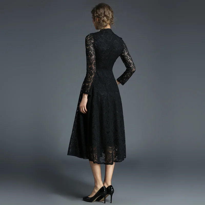 Spring Autumn Lace Long Dress Women Stand Neck Long Sleeve Slim Office Work Dress Female Elegant Party Dresses