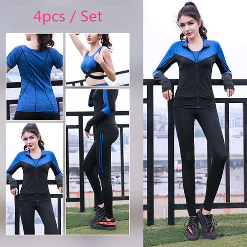 Load image into Gallery viewer, Quick Dry Yoga Set 4 PCS Workout Tight Sexy Top Sportswear Suit Gym Running Shirt Pants Sport Bra Women&#39;s Tracksuit
