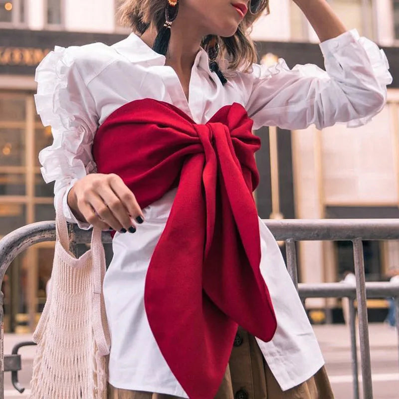 Ruffles Blouse Female Lapel Collar Patchwork Long Sleeve White Shirt Tops For Ladies Spring OL Vintage Clothes