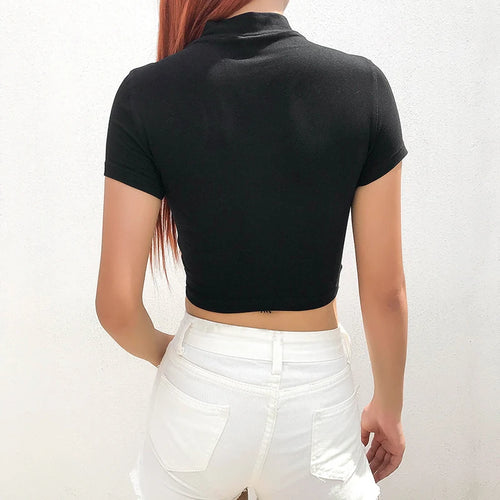 Load image into Gallery viewer, Streetwear Bodycon Cropped T Shirt Women Short Sleeve Buckle Patchwork Crop Top Fashion Summer Tshirt Slim Tee Shirts
