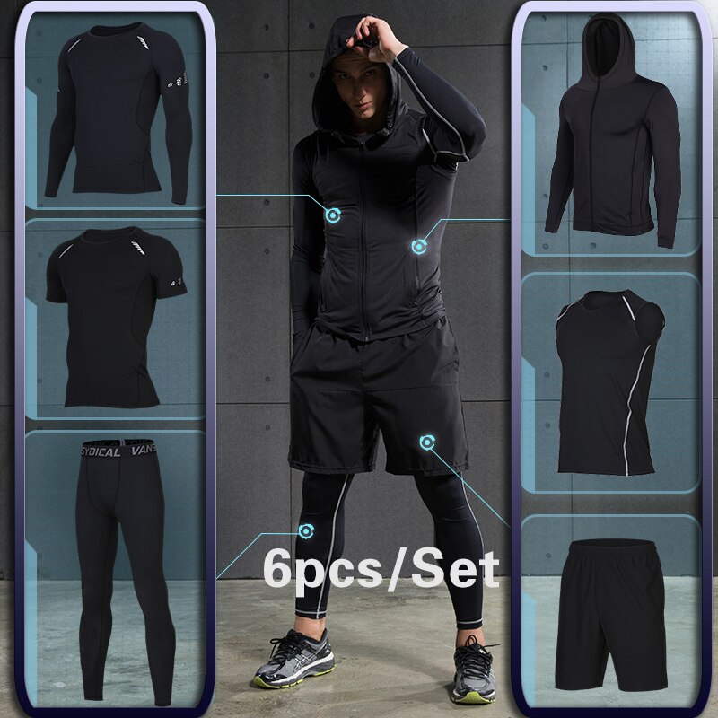 Men's Compression Sportswear Suit Running Set for Male Jogging Workout Sport Clothes Sexy Tight Fitness Training Tracksuit Black