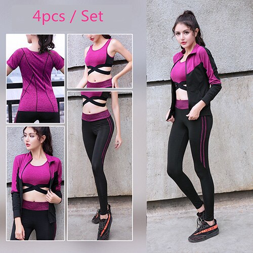 Load image into Gallery viewer, Quick Dry Yoga Set 4 PCS Workout Tight Sexy Top Sportswear Suit Gym Running Shirt Pants Sport Bra Women&#39;s Tracksuit
