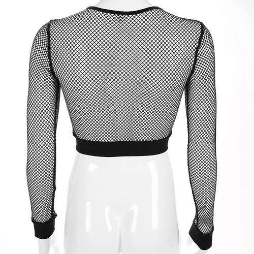 Load image into Gallery viewer, Chic Black Mesh Fishnet Top See Through Long Sleeve T Shirt Women Clothes 2022 Casual Cropped Women&#39;s T-shirts Tees
