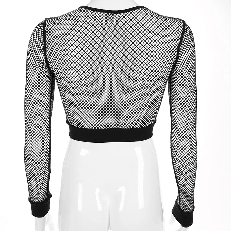Chic Black Mesh Fishnet Top See Through Long Sleeve T Shirt Women Clothes 2022 Casual Cropped Women's T-shirts Tees
