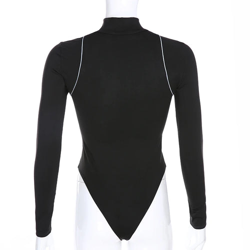 Load image into Gallery viewer, Autumn Fitness Long Sleeve Bodysuit Women Turtleneck Body Reflective Stripe Bodycon Jumpsuit Zipper Workout Bodysuits
