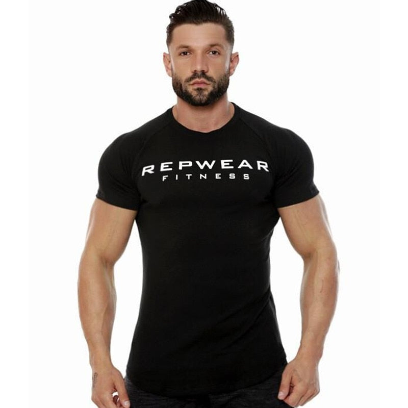 Men Cotton Short Sleeve T-shirt Summer Gym Fitness Bodybuilding Skinny Shirt Male Black Print Tees Tops Casual Fashion Clothing