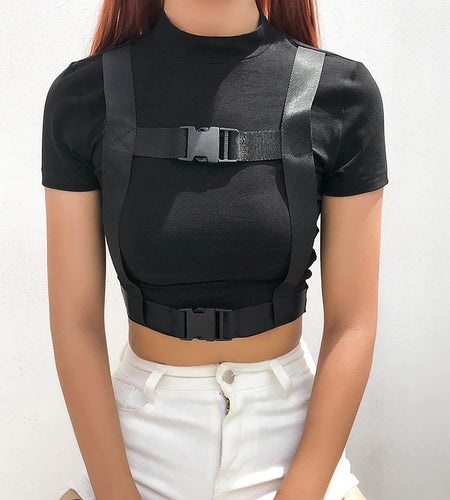Streetwear Bodycon Cropped T Shirt Women Short Sleeve Buckle Patchwork Crop Top Fashion Summer Tshirt Slim Tee Shirts