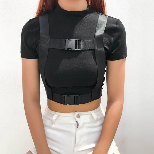 Load image into Gallery viewer, Streetwear Bodycon Cropped T Shirt Women Short Sleeve Buckle Patchwork Crop Top Fashion Summer Tshirt Slim Tee Shirts
