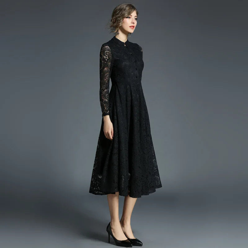 Spring Autumn Lace Long Dress Women Stand Neck Long Sleeve Slim Office Work Dress Female Elegant Party Dresses