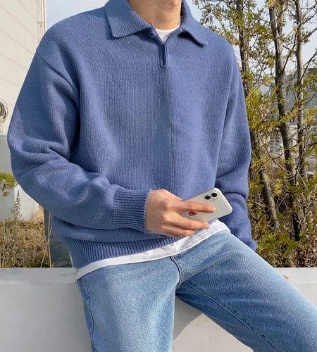 Korean Fashion Chic Lapel Pullover Knitting Tops Men's Autumn Winter New Loose Long Sleeve Sweater Vintage Kinttwear